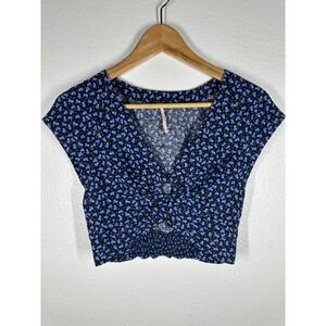 Free People Crop Top Womens S Blue Heart Print Smocked V-Neck Linen Blend Boho